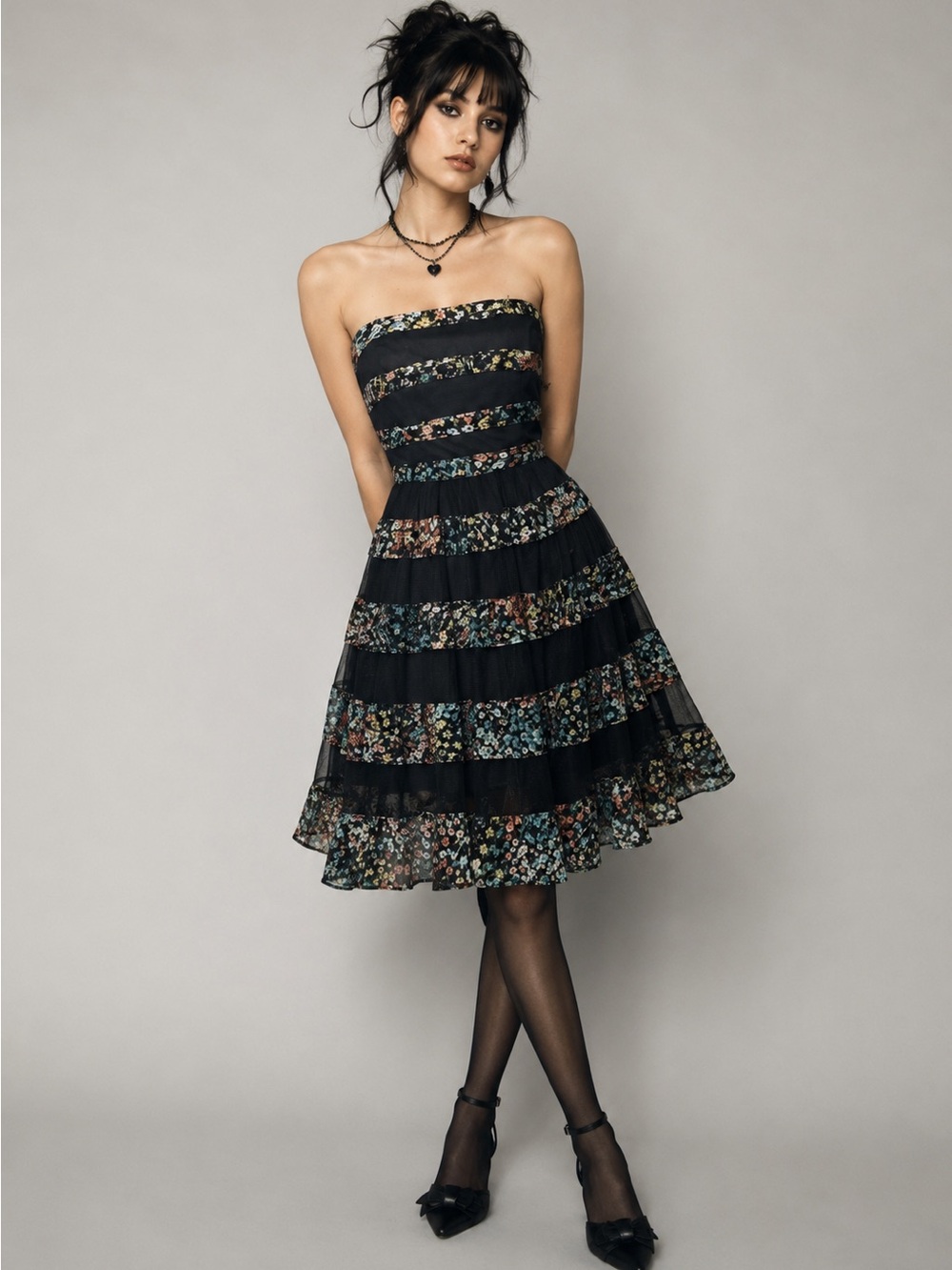 Betsy Johnson Black Floral Retro Strapless Party Dress Whimsigoth Coquette Sz 4